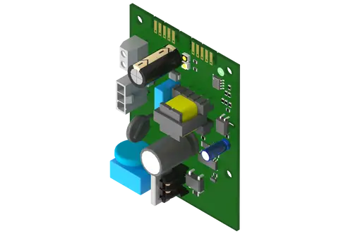Reglerplatine von Remeha mit verschiedenen elektronischen Komponenten, darunter Widerstände, Kondensatoren und Anschlussstellen, auf einer grünen Leiterplatte.